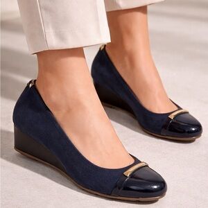 Taryn Rose Navy Wedge Shoes with Gold Accents